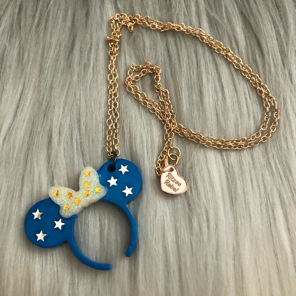Ritzee Rebel Mouse Ear Resin Necklace - Blue w/Silver Stars